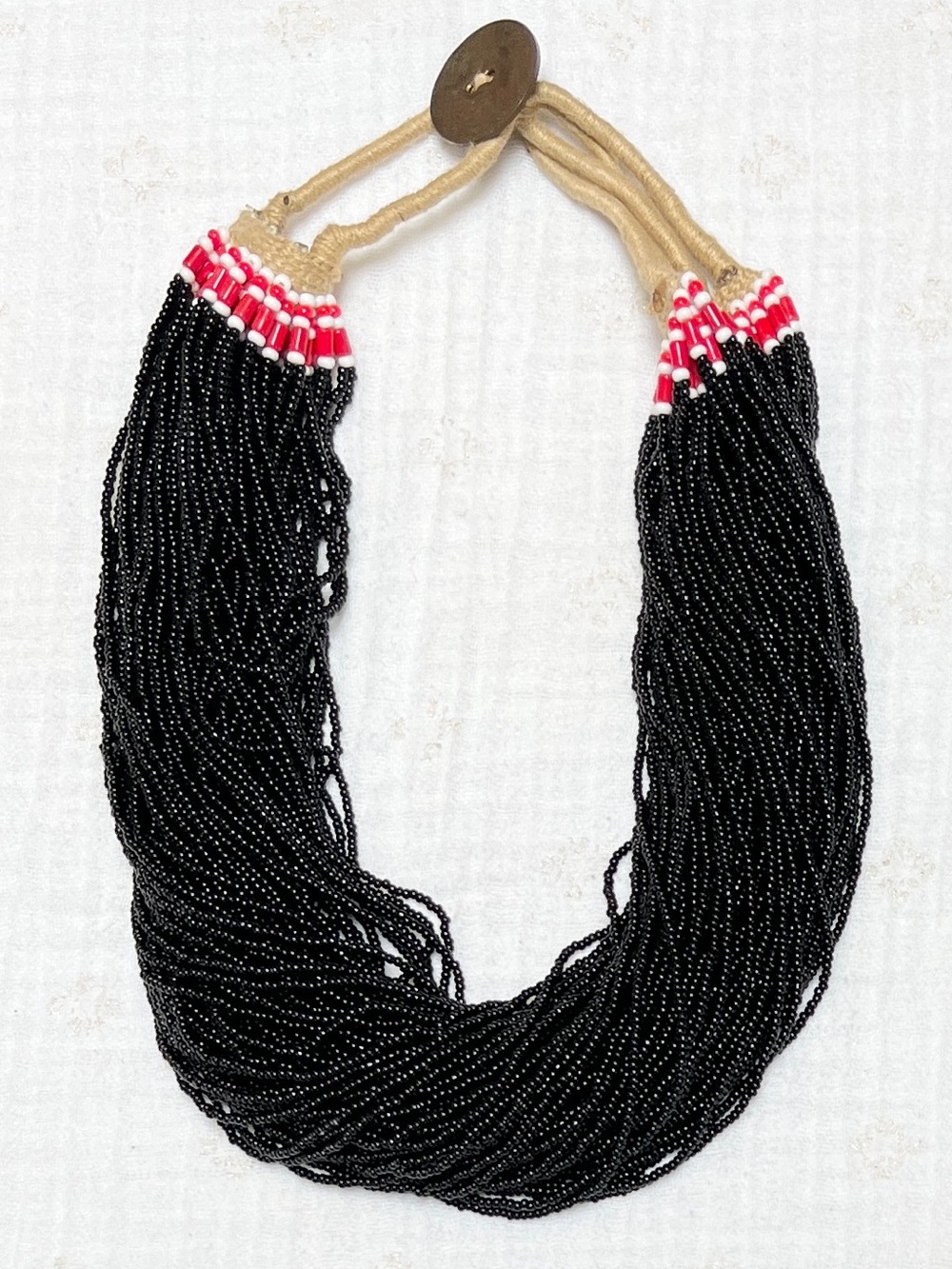 Handcrafted Black Seed Bead Multi Strand Necklace Antique Bronze Coin Clasp OS